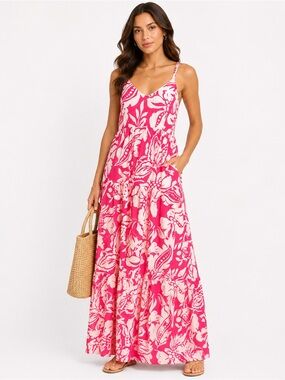 Floral Pink Tiered Maxi Dress with Spaghetti Straps